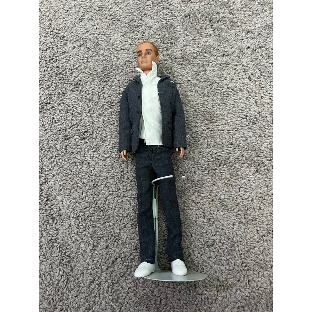 Vintage Mattel Ken Doll Grey Suit White Shirt Shoes and Stand Red Hair Blue Eyes